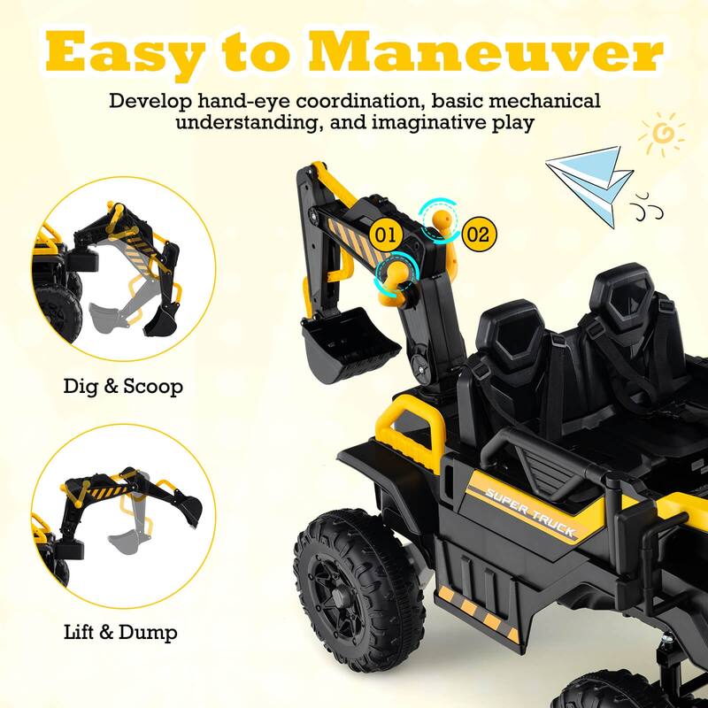 Costway 24V Ride On Excavator, 4WD Electric Truck Construction Vehicle - as pic shows - See Details