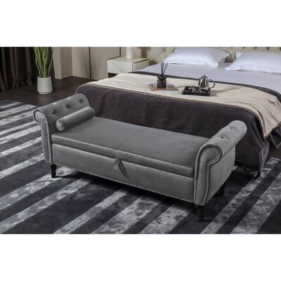 63" Velvet Storage Rectangular Sofa Stool with Buttons Tufted & Nailhead Trimmed