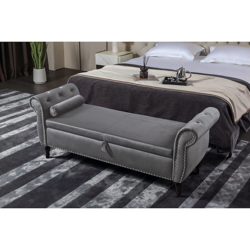 Elegant Grey Velvet Nailhead Trim Storage Ottoman Bench