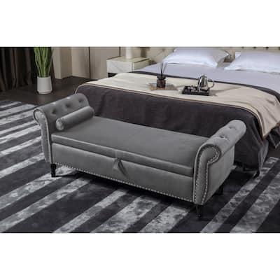 Elegant Grey Velvet Storage Bench: Versatile Ottoman with Nailhead Trim and Tufted Design