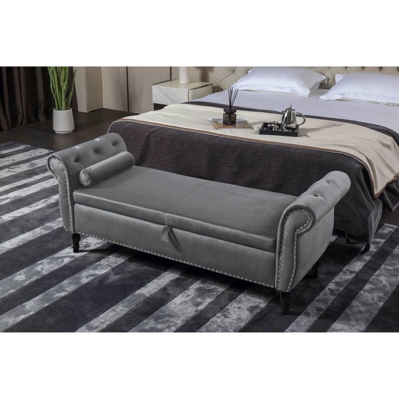 Window Stool Fireplace Bench with Safety Hinges, Upholstered Flap Storage Bench, Footrest Bench with One Pillow - Grey