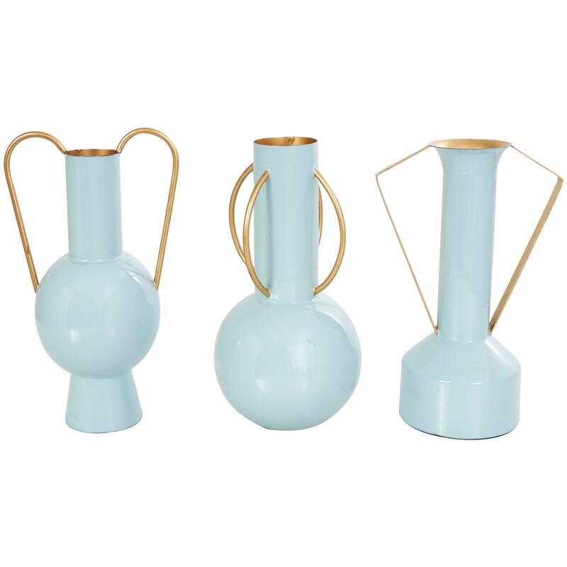 CosmoLiving by Cosmopolitan Light Blue or Cream Metal Abstract Vase with Varying Shapes and Geometric Gold Handles (Set of 3)