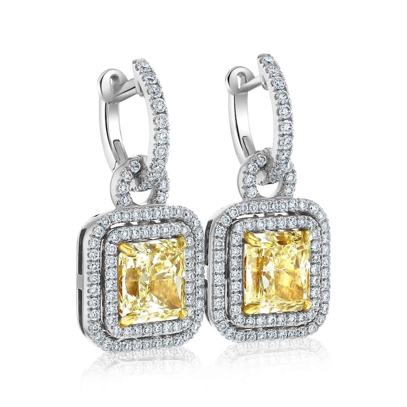 Kobelli 8.27 Carat Yellow Diamond 18k Solid White Gold Square Double Halo Meira Dangle Earrings