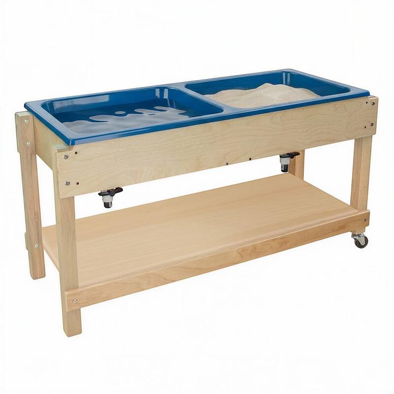 Kids Double Tub Sensory Table with Lid & Dual Drains - Birch Wood Indoor Play Activity Table