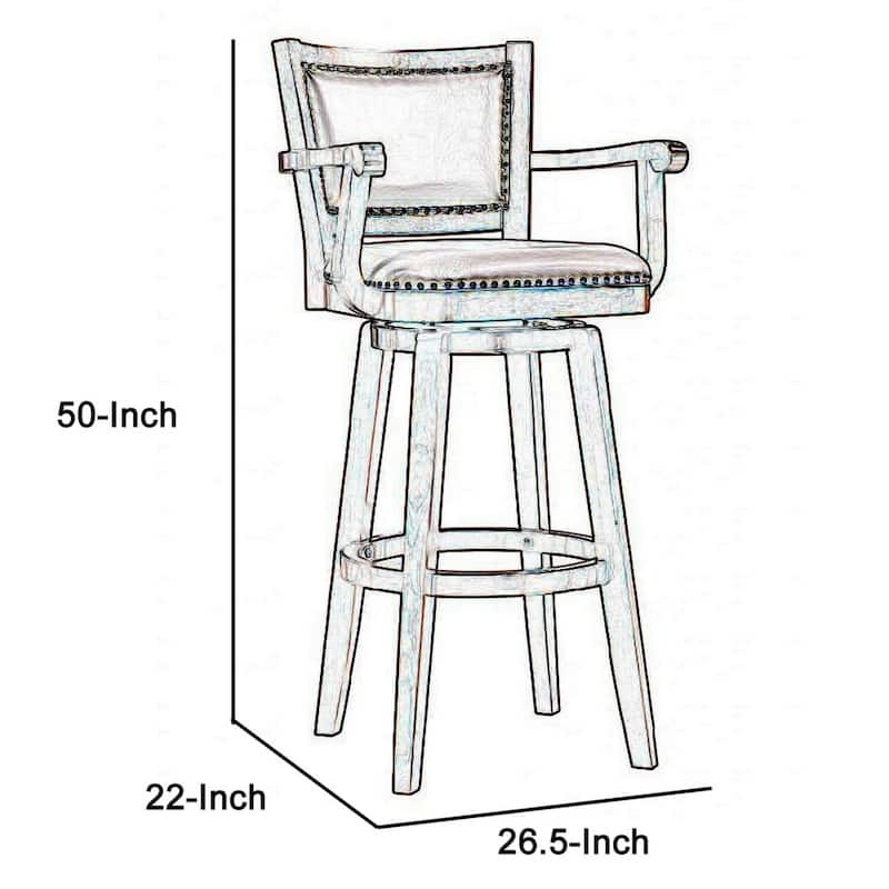 Upholstered Swivel Bar Stool with Nailhead Trim, Wooden Arms and Dark Brown Finish, Comfortable Bar Seating