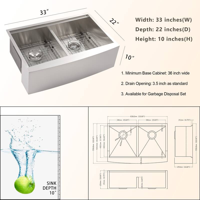 Lordear 33" Stainless Steel Sink Double Bowl Undermount Workstation Farmhouse Kitchen Sink with Accessories