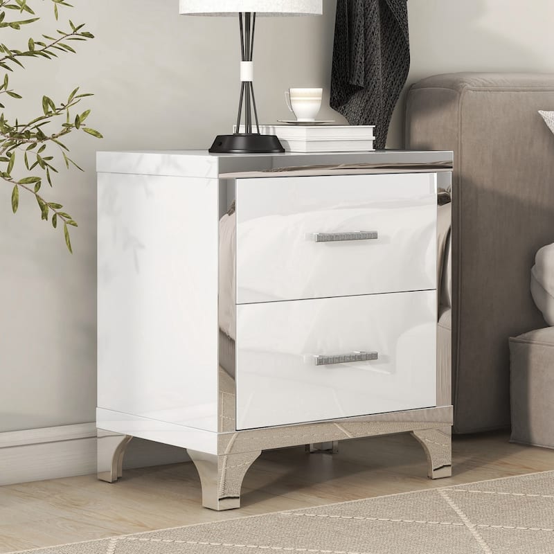 High Gloss Nightstand with Metal Handle - White - 2-drawer