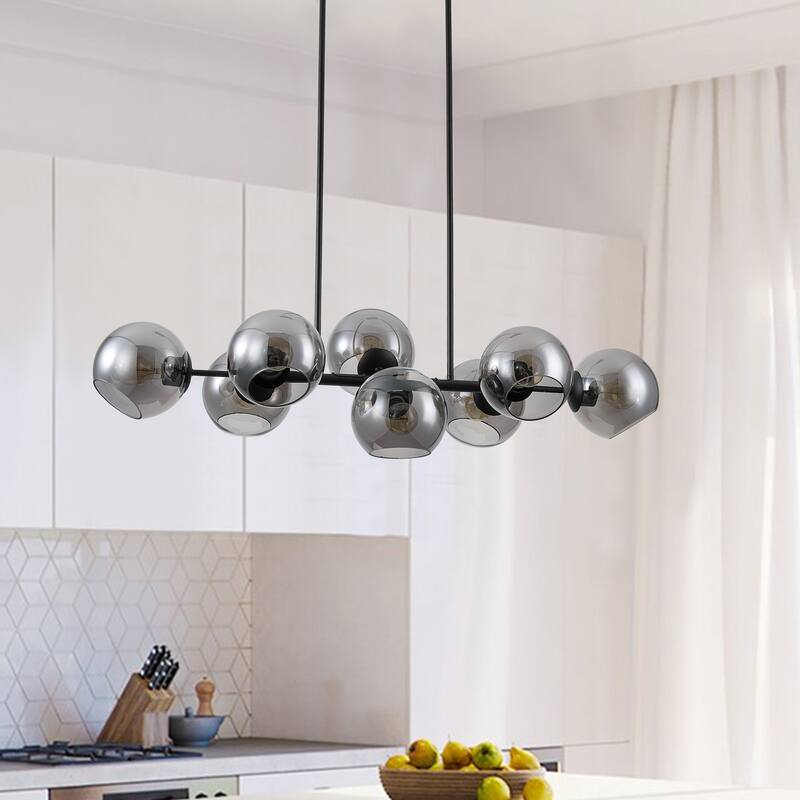 Mid Century Modern 8-Light Grey Glass Globe Sputnik Chandelier Lighting for Kitchen Island - Black