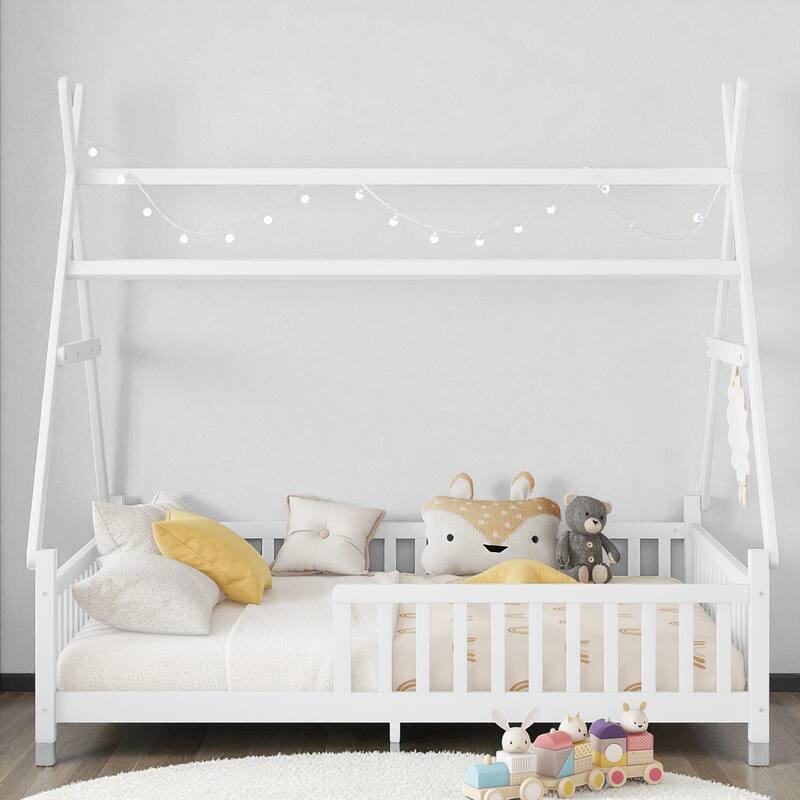 Twin/Full Size House Bed with LED Light and Fence, Wooden Low Floor Kids Bed Frame with Roof for Boys and Girls