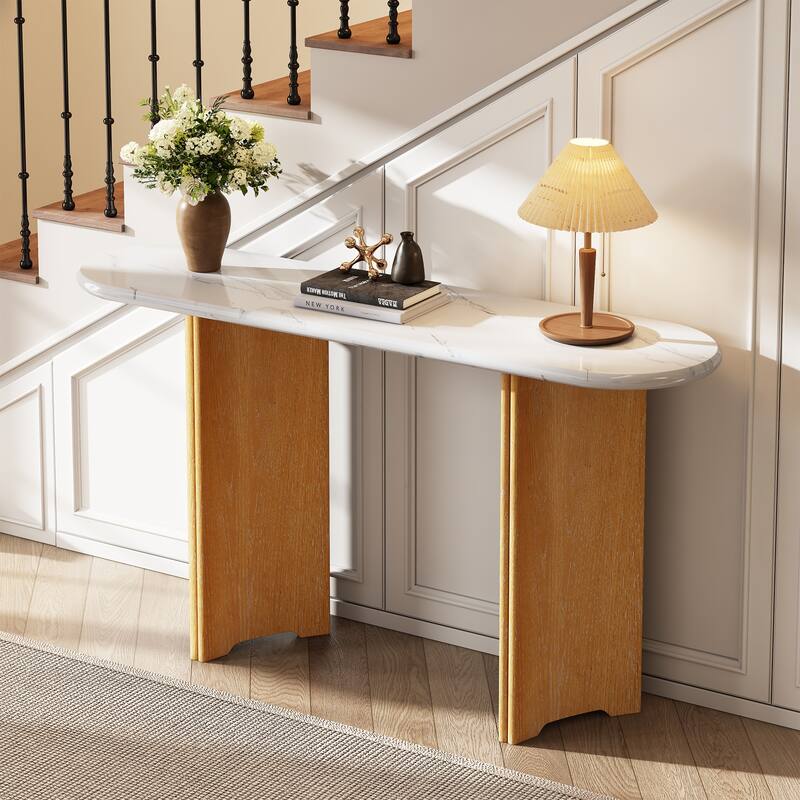 3-Tier Console Table, Storage Cabinet with Mirrored Doors and Acacia Wood Legs, Entryway Table with Open Storage Shelf Natural