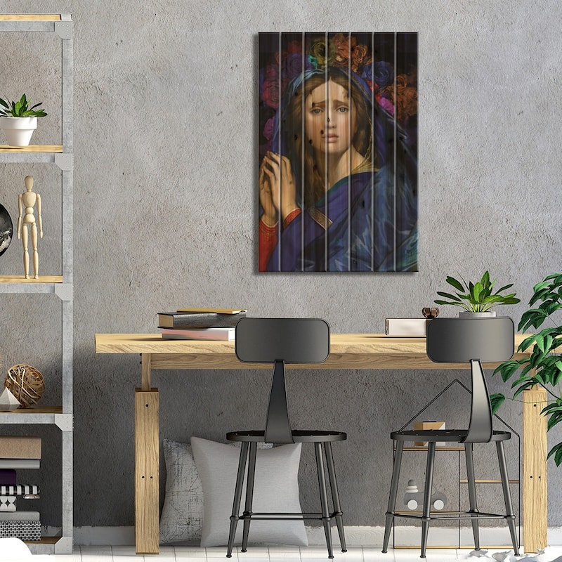 Our Lady With Flowers On Her Head Print On Wood by Marcio Alek - Multi-Color