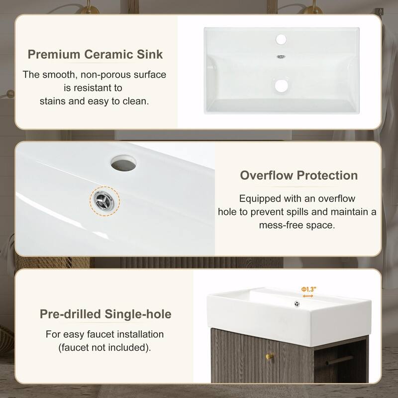 21.6" Bathroom Vanity with Ceramic Sink, Freestanding Modern Wood Grain Cabinet with Open & Closed Storage