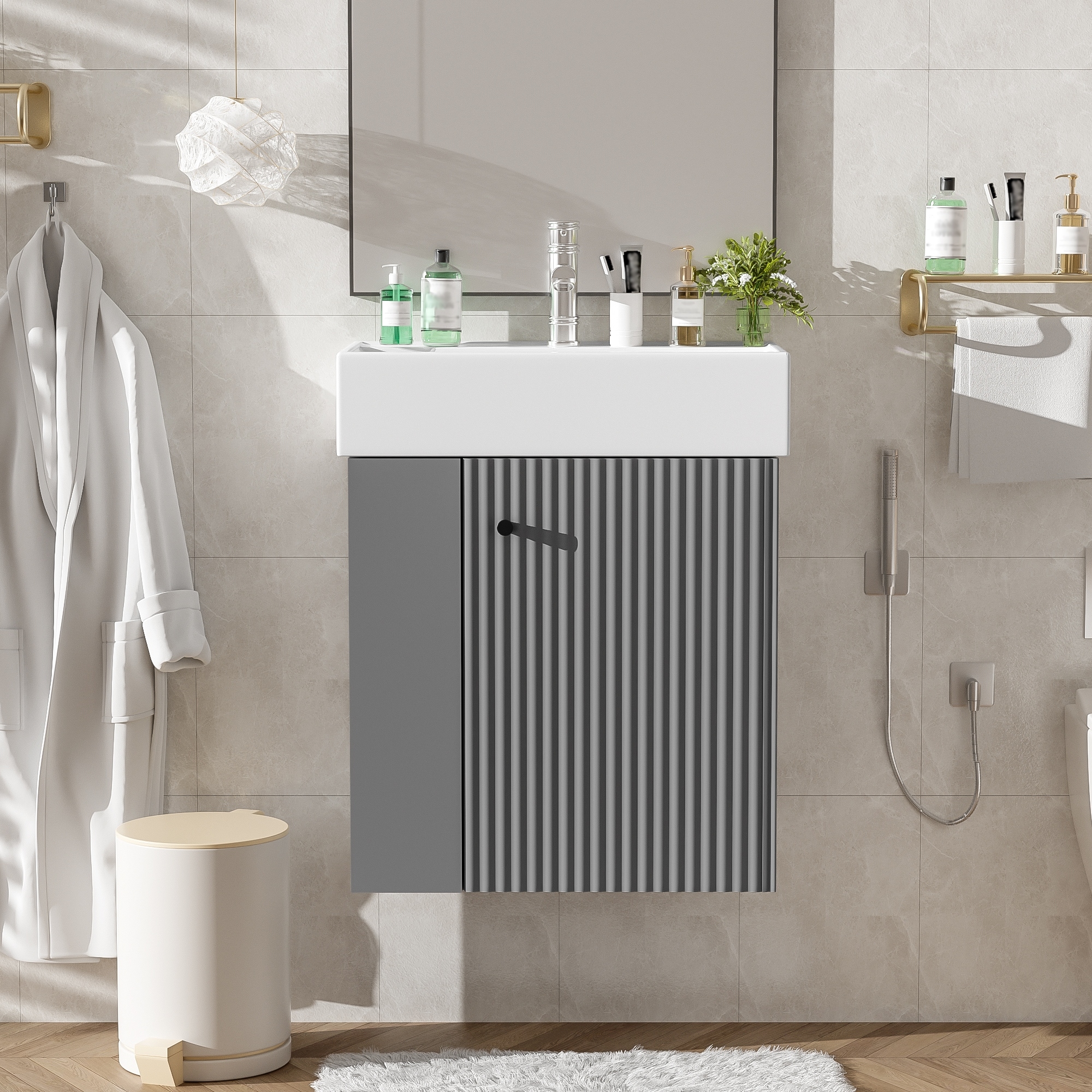 21.6"Floating Bathroom Vanity with Ceramic Basin,Left side storage