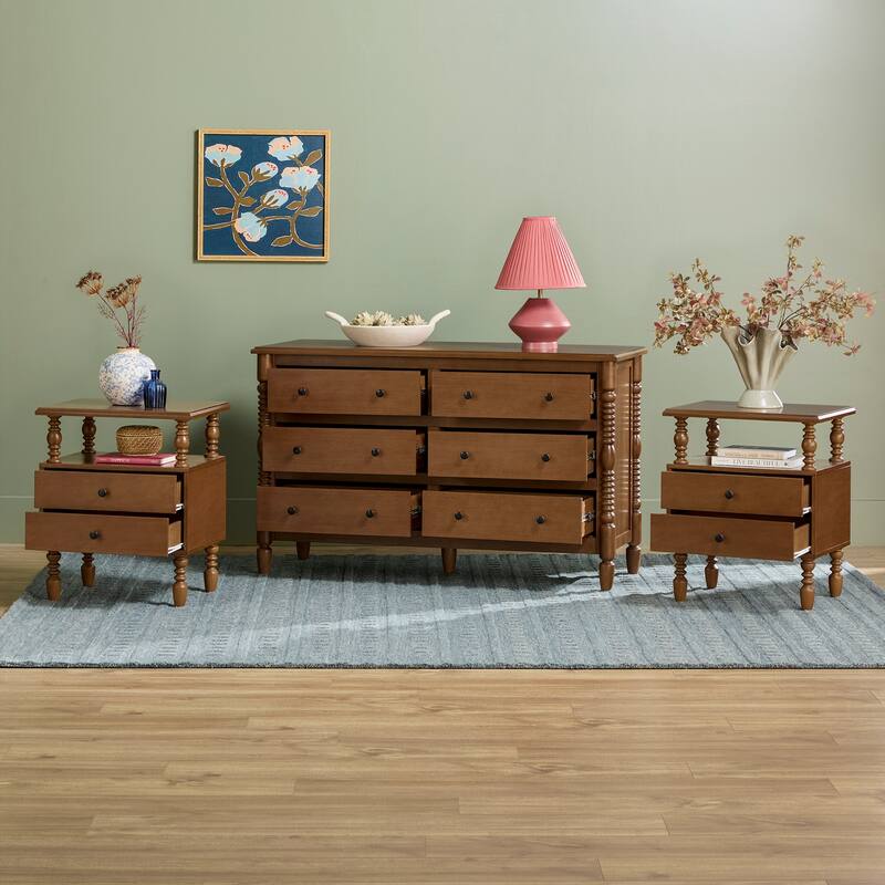 Walker Edison Spindle Dresser and 2-Drawer Nightstands Bedroom Set