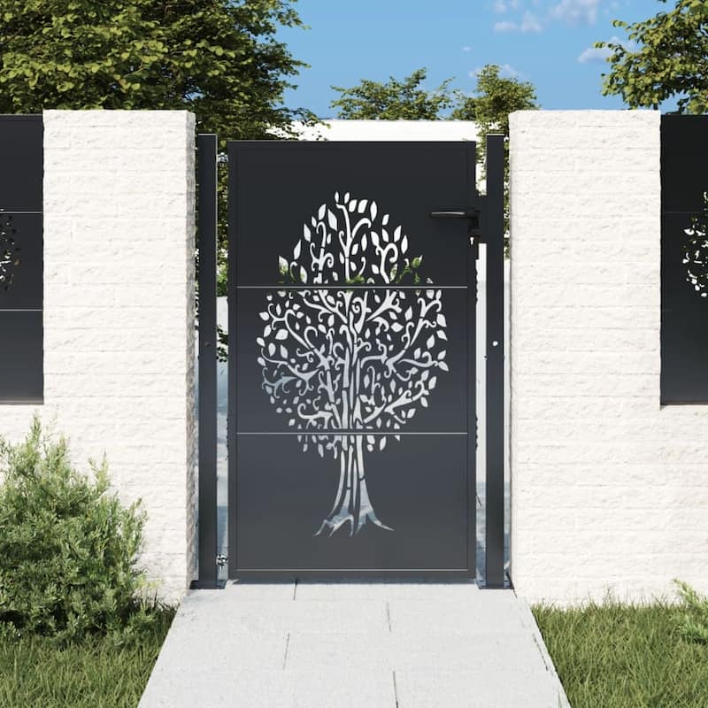 vidaXL Garden Gate Decorative Door Outdoor Fence Anthracite Steel Tree Design - 41.3 x 51.2"