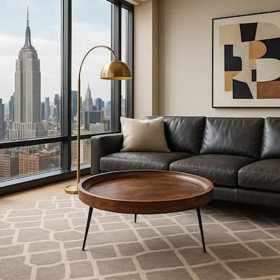 Gia Round Mango Wood Coffee Table With Splayed Metal Legs Brown and Black