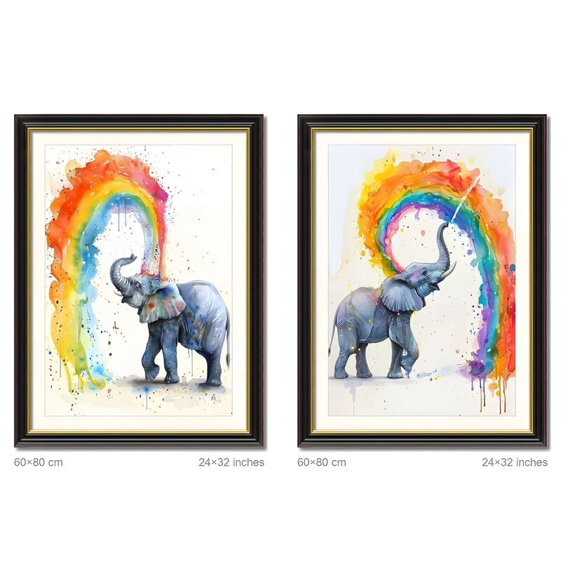 Set of 2 Colorful Elephant Framed Wall Art - Replaceable Canvas Prints with Solid Wood Picture Frames, Modern Animal Artwork