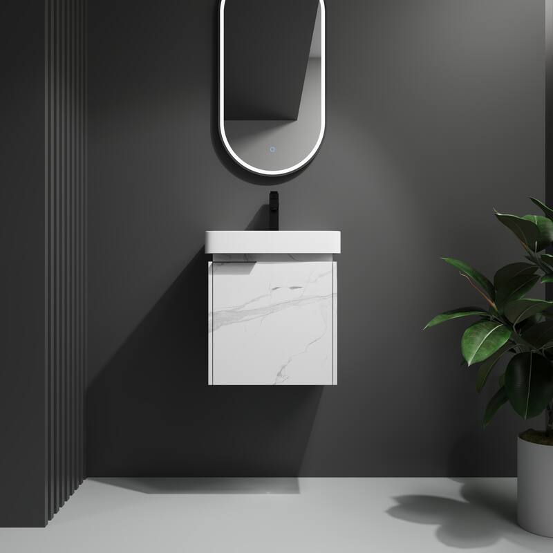 Plywood Wall-Mounted Bathroom Vanity with Integrated Resin Sink - 19.88'' x 14.13'' - Carrara White