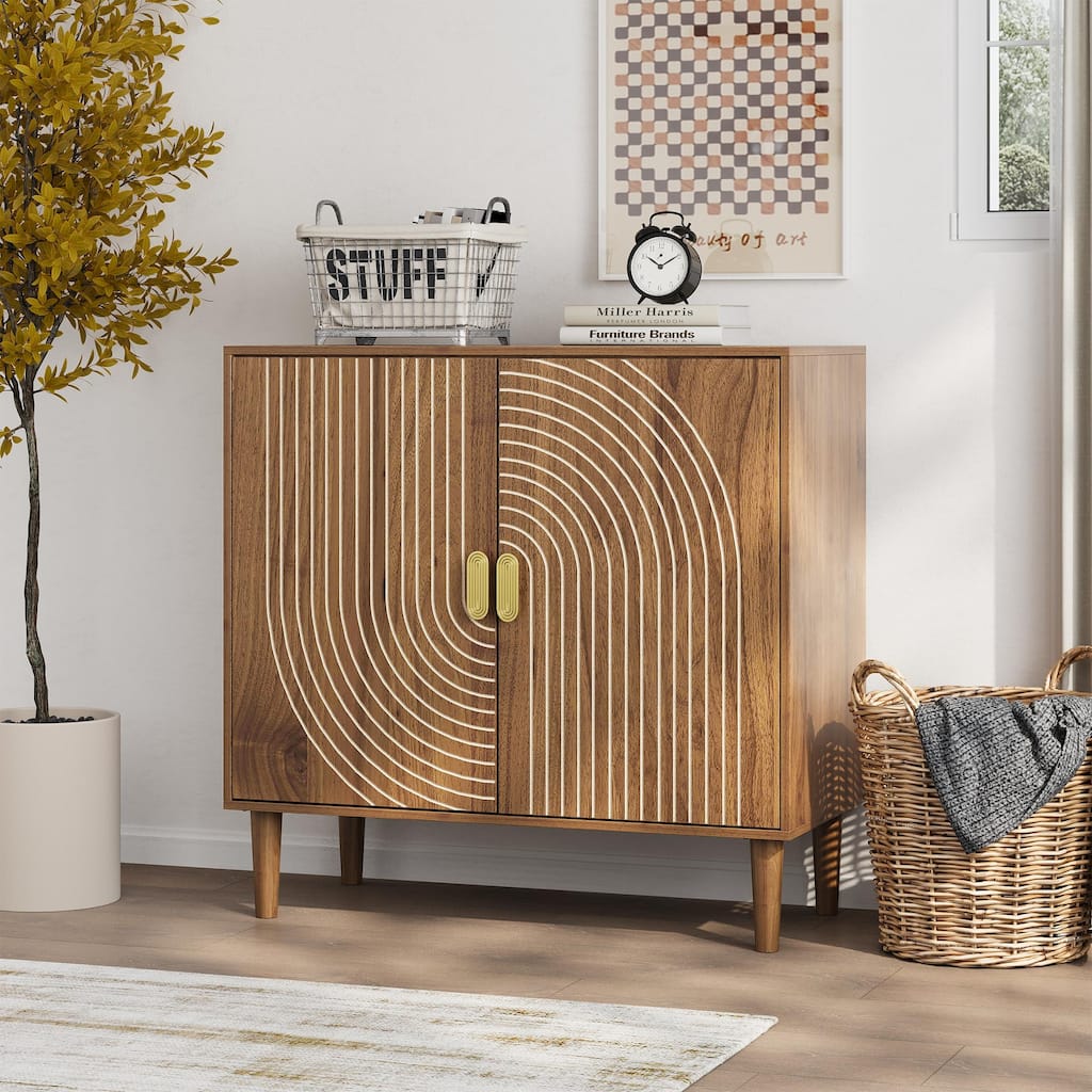 Anmytek Walnut Buffet Cabinet with Gold Accents Grille Door,Multifunctional Accent Cabinet