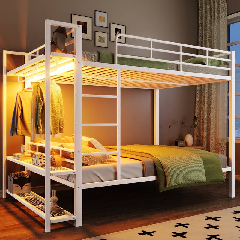Full Size Metal Bunk Bed with Storage, LED Light, and Hooks, White - White