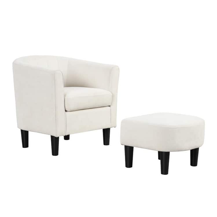 Modern Velvet Barrel Armrest Lounge Chair with Ottoman and Washable Cushion for Bedroom or Living Room - Beige