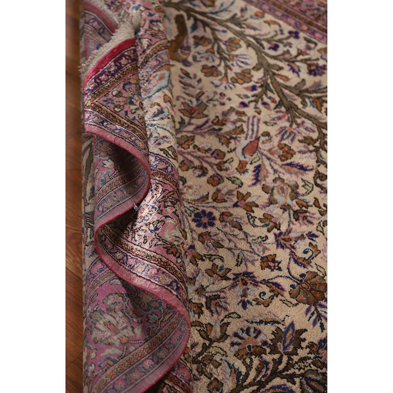 Hand Knotted Oriental Silk Carpet Traditional Floral Beige & Ivories Kashan Area Rug - 6' 10'' X 4' 4''