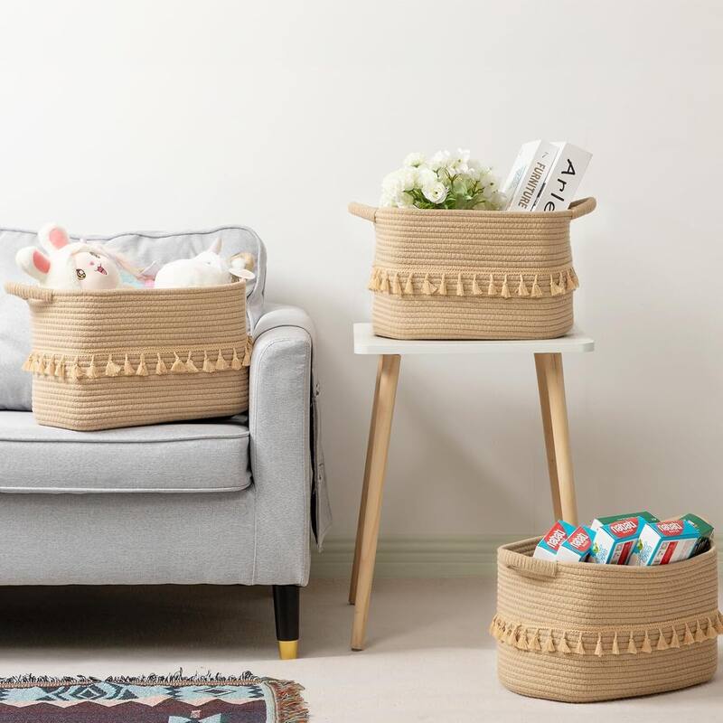 Woven Storage Bin Set of 3, Cotton Rope Basket for Storage - 14.56"D x 6.69"W x 10.63"H