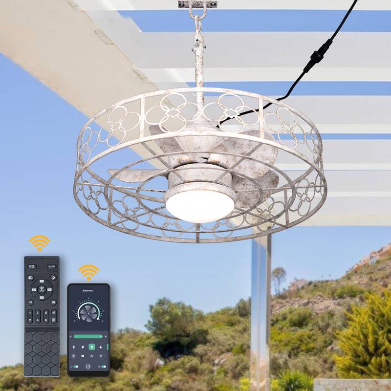 CurveCurio 24" Out Door Celing Fan Patio Water Proof Fanlight w/ Dimmable LED Light 3 Color Temperature Remote and App Control - 24"*24"*10" - Distressed Off-White - In-line