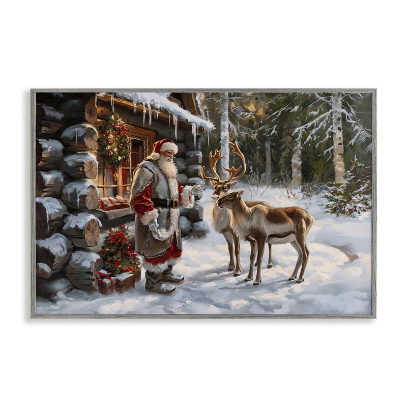 Stupell Santa's Cabin with Reindeer Framed Giclee Art Design By Imagine It Images - 18 x 12 - Grey