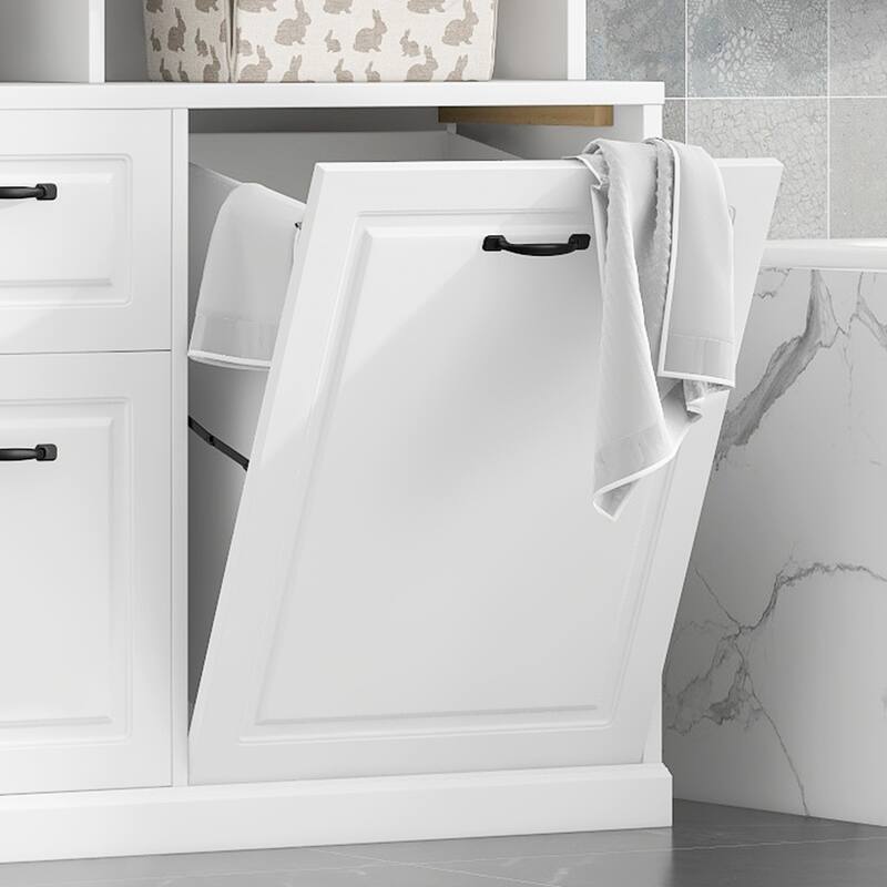 White MDF Tall Bathroom Cabinet with Tilt-Out Hamper and Adjustable Shelves - 39.3” W × 16.50” D × 70.9” H