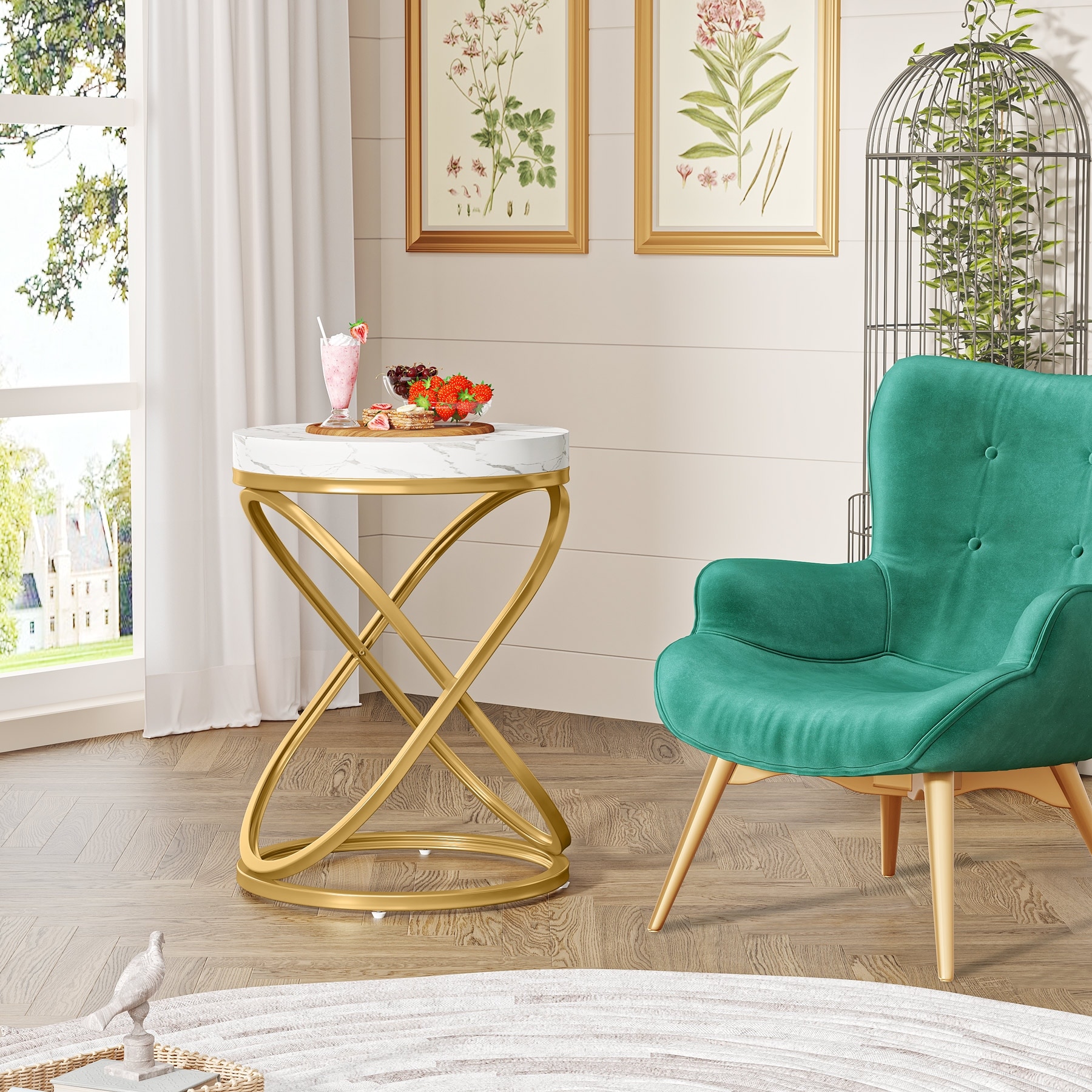 Modern Faux Marble End Table, Round Side Table, Sofa Nightstand Bedside for Living Room, Bedroom