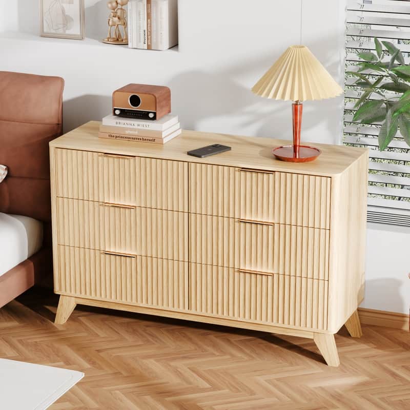 Oak Finish 6-Drawer Double Dresser Grid Chest P2 Particleboard+MDF With Melamine&Vacuum Forming 47.22"W