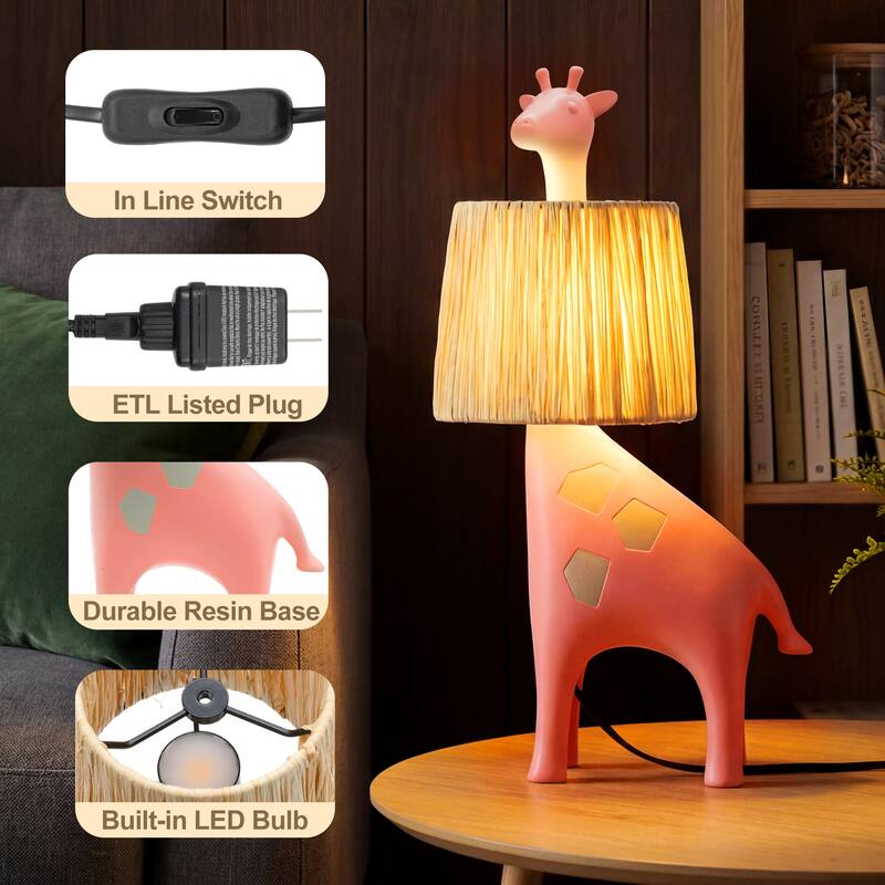 Giraffe Table Lamp with Handwoven Raffia Lampshade, LED Bedside Lamp with In-Line Switch, Resin Base