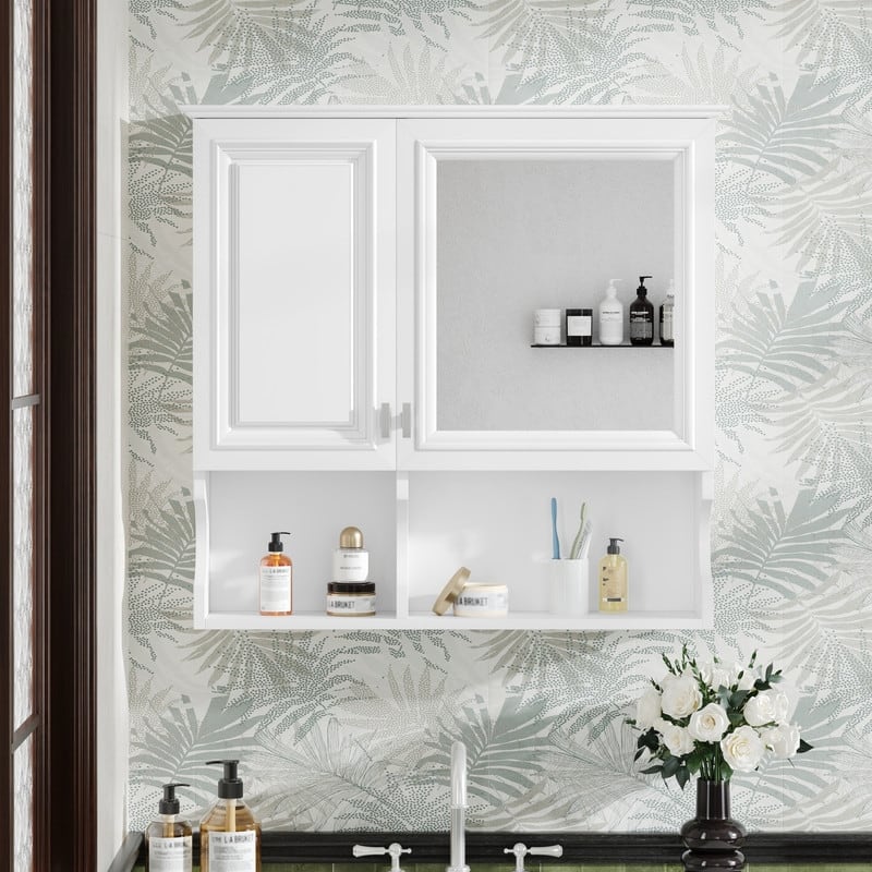 30 Inch Wall Mounted Bathroom Cabinet with Doors & Mirror, Adjustable Shelf - White