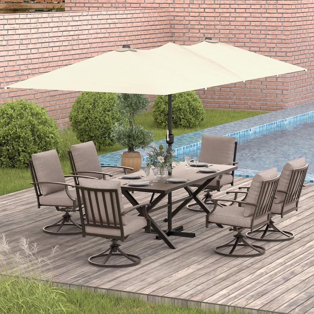Kullavik 8 Pieces Outdoor Dining Set with 6 Swivel Chairs, X-Leg Table and Double-Sided Umbrella