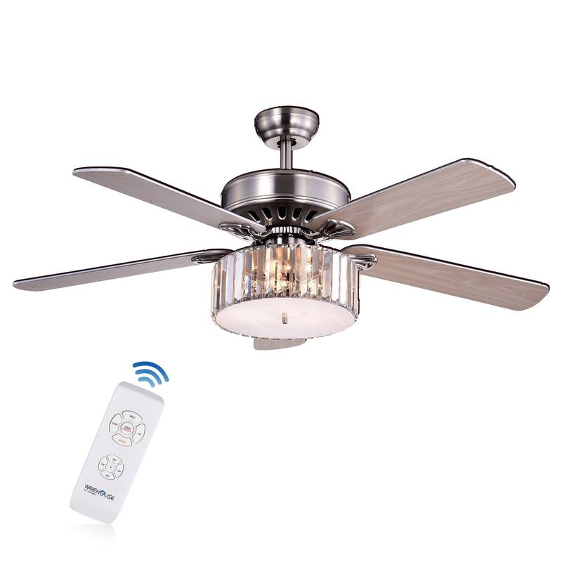 52-inch 3-light 5-blade Lighted Ceiling Fan with Wood Nickel Crystal Shade incl Remote