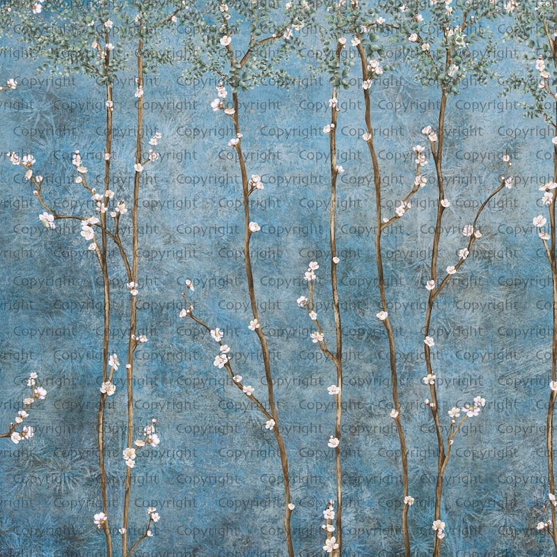 Elegant Cherry Blossom Wallpaper Mural - Blue - W:204" x H:110"