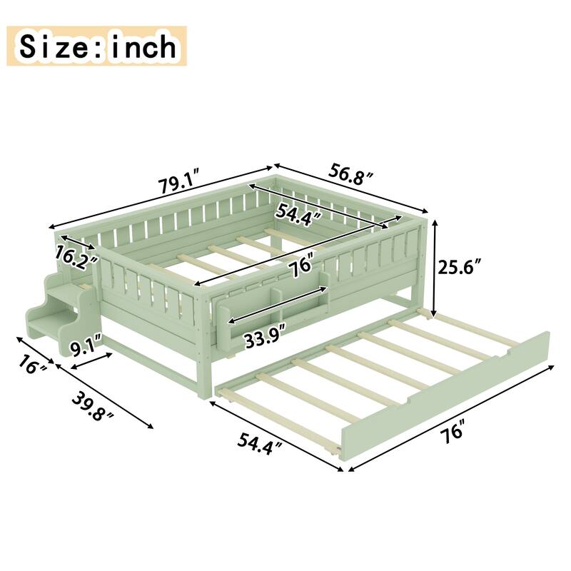 Full with Built-in Bookshelves and Small Staircase, High-Quality Safety Rails, and Trundle