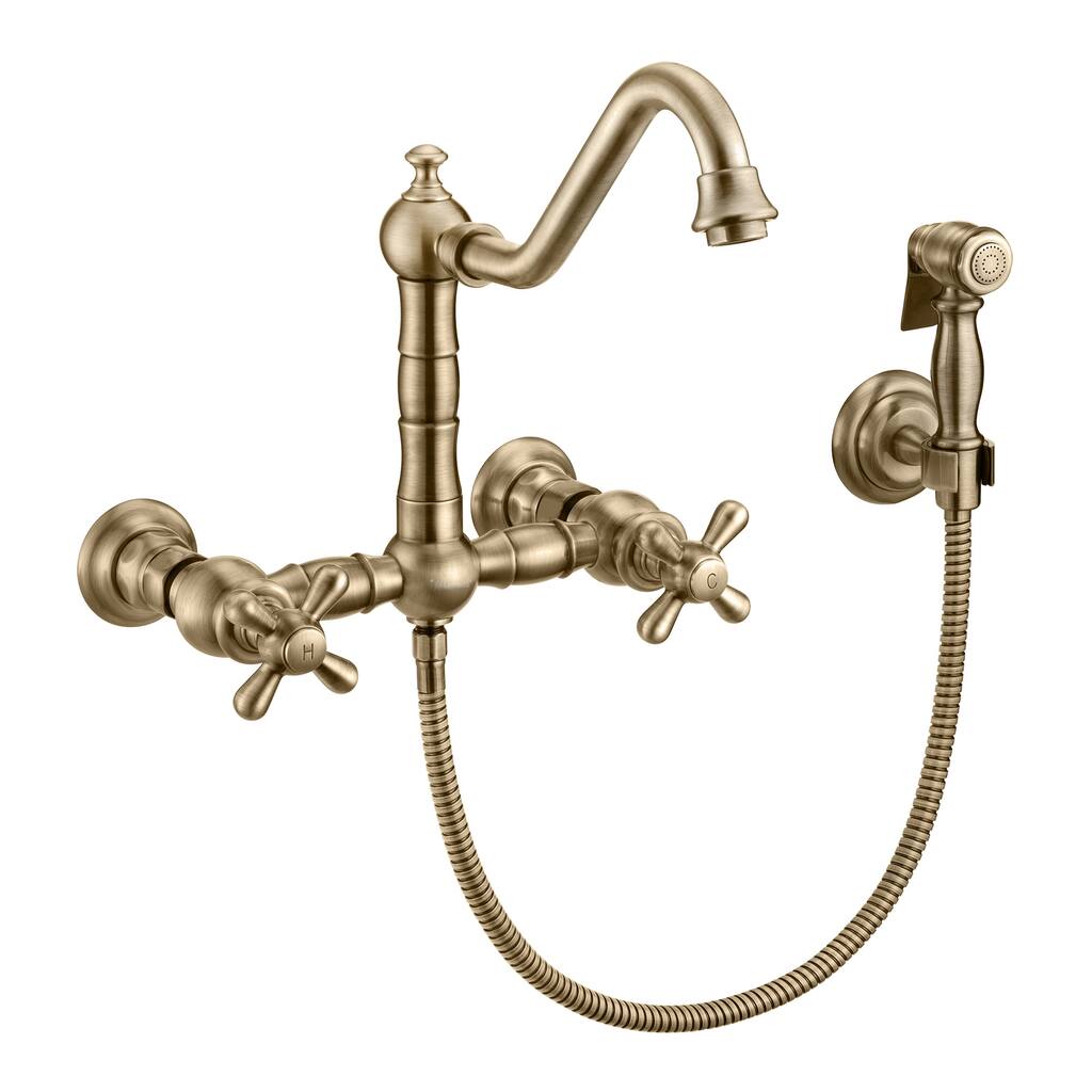 Whitehaus Vintage III Plus Wall Mount Faucet with Swivel Spout, Cross Handles and Solid Metal Side Spray