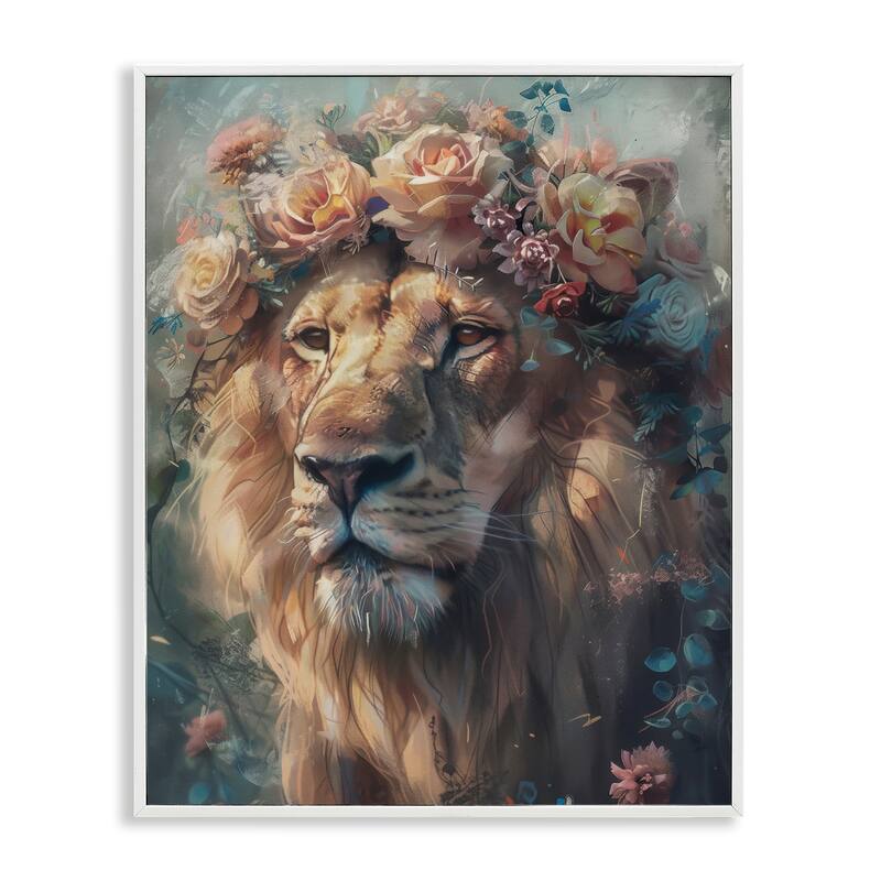 Stupell Lion with Rose Garland Framed Giclee Art Design By Arlington Prints - 24 x 30 - White