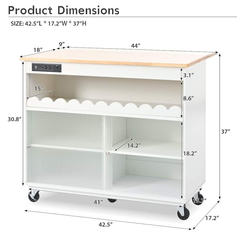 LED Light Kitchen Island on Wheels with Drop Leaf and Power Outlets