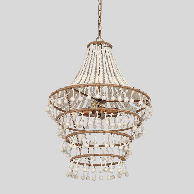 Renia Modern Farmhouse Rustic Costal Lantern Wood Beaded Chandelier 4-light Tiered Ceiling Light - 17" W x 85" H
