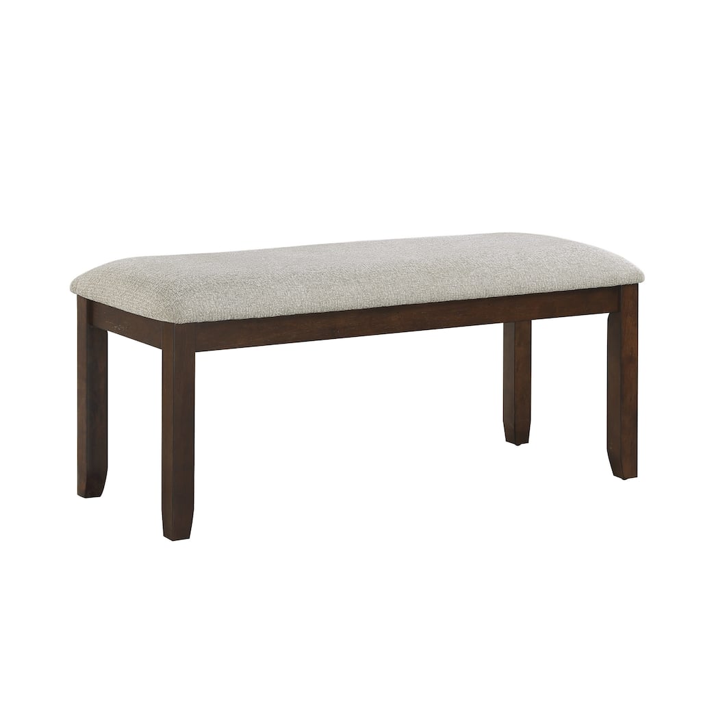 Humpty 43 Inch Bench, Gray Polyester Upholstery, Cherry Brown Solid Wood