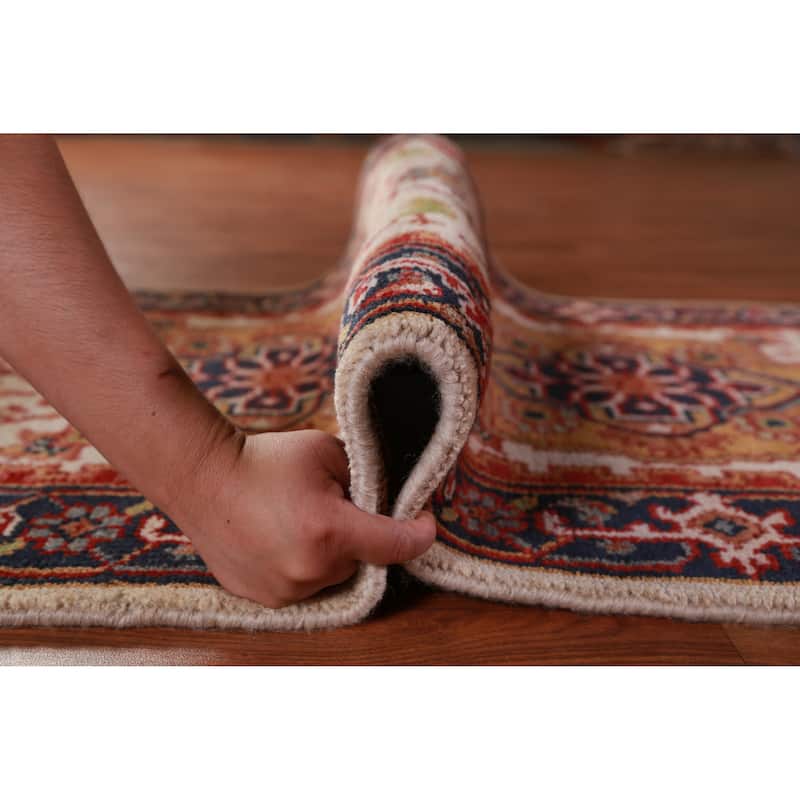 Hand Knotted Oriental 100% Wool Carpet Traditional Geometric Beige & Ivories Heriz (serapi) Runner Rug - 8' 0'' X 2' 5''