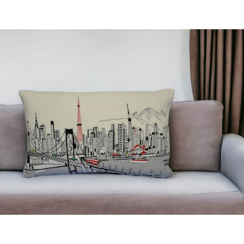 HomeRoots 14" X 24" Cream Tokyo Daylight Skyline Lumbar Decorative Pillow