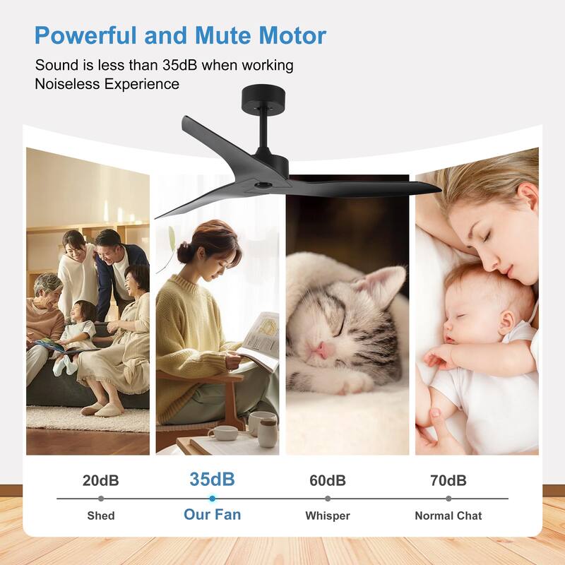 52" Outdoor black Ceiling Fan Without Light with Remote Control ,3 ABS Blades Farmhouse Ceiling Fan 6-speed Reversible DC Motor