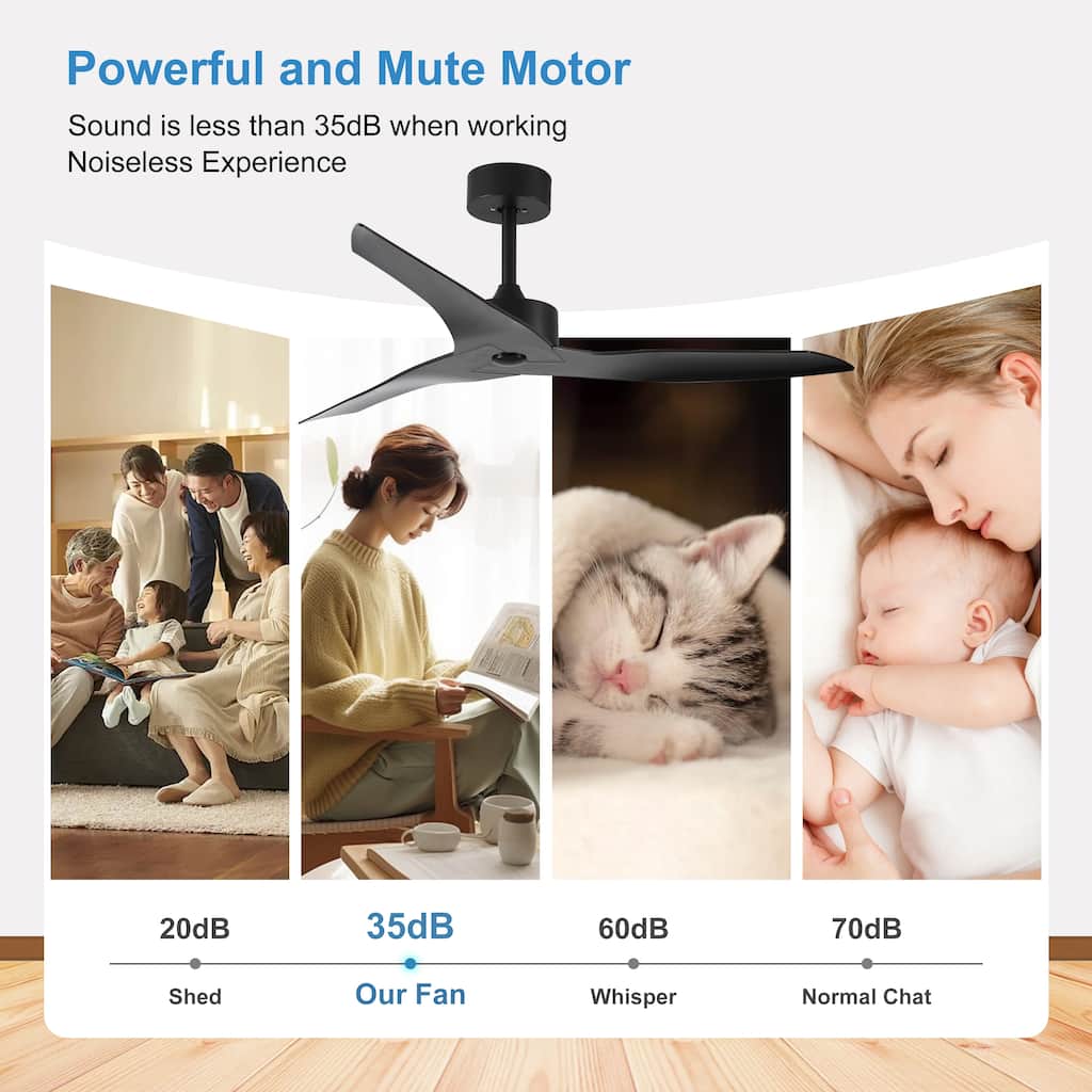 Quiet & Reversible Ceiling Fan Without Light with Remote Control, Farmhouse 52" Ceiling Fan 6-speed 3 ABS Blades Fan