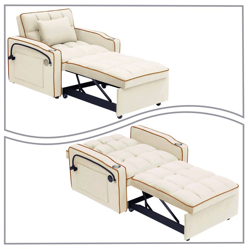 Multifunctional Velvet Upholstered Convertible Storage Futon Chair with Swivel Phone Stand