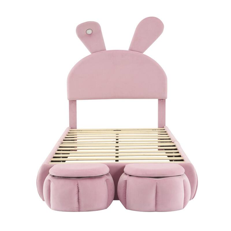 Twin/Full Size Upholstered Platform Bed with Cartoon Ears Shaped Headboard & Light, Cute Kids Bed Frame w/2 Small Storage Stools