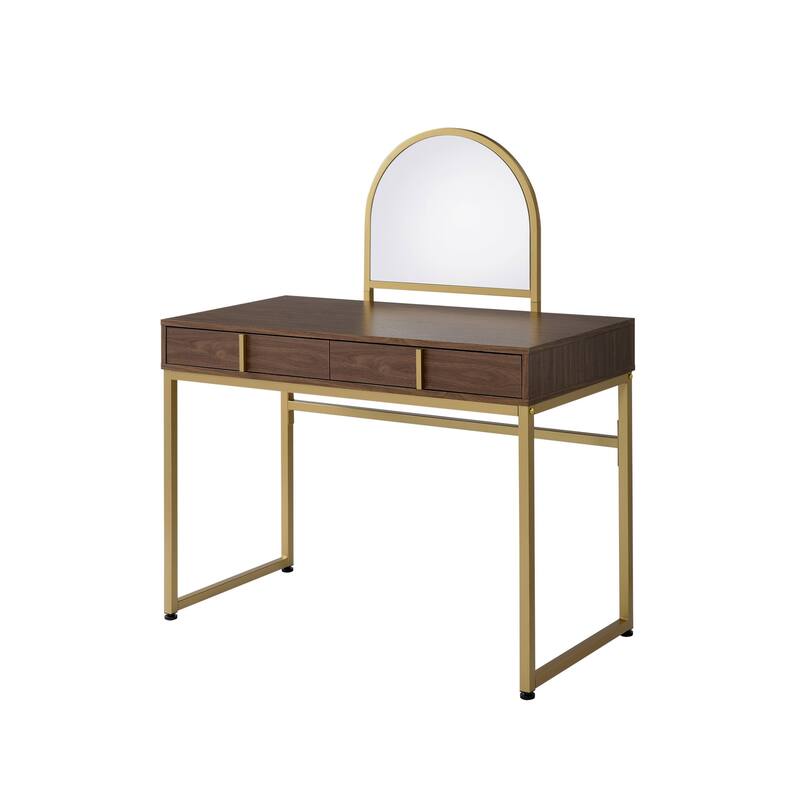Contemporary Gold Vanity Desk with Mirror and 2 Drawers Walnut Solid Wood 50” Tall Makeup Table - 50”H x 42”W x 19”D